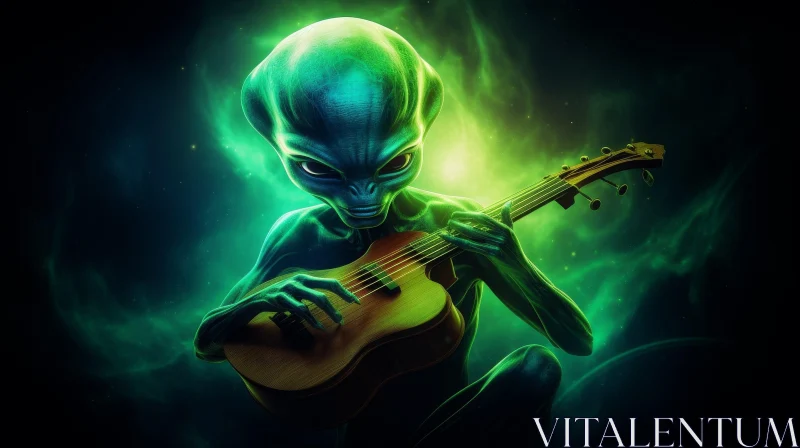 Green Alien Playing Ukulele in Nebula AI Image