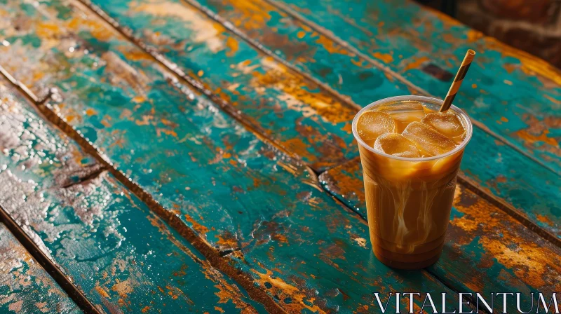 Iced Coffee on Wooden Table - Delightful Still Life Composition AI Image