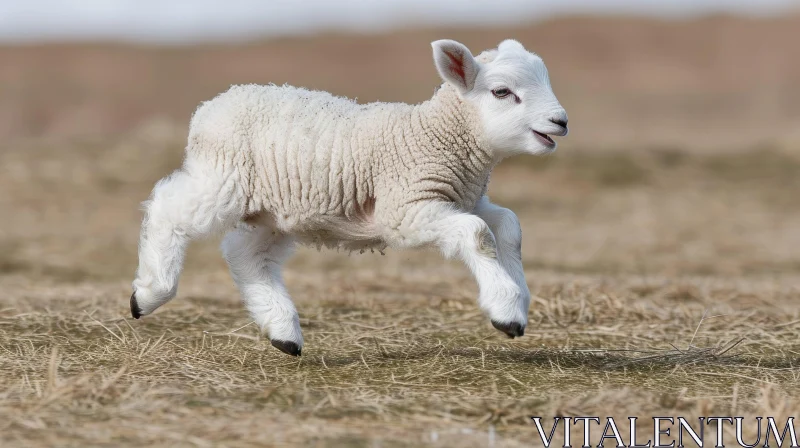 Lively White Lamb Leaping in Field - Captivating Nature Photography AI Image