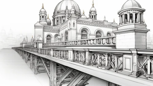 Metal Bridge and Stone Building Sketch