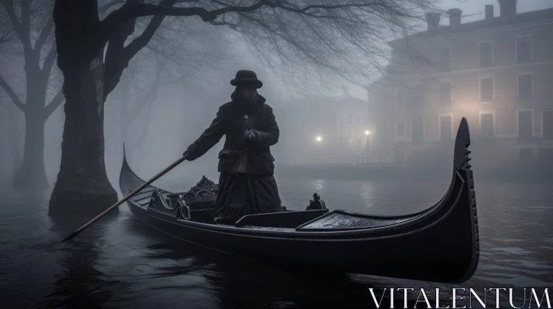 Mysterious Gentleman Riding a Gondola in the Fog AI Image