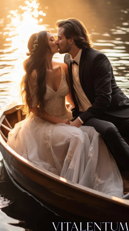 Romantic Sunset Kiss in Boat with Luxurious Details AI Image