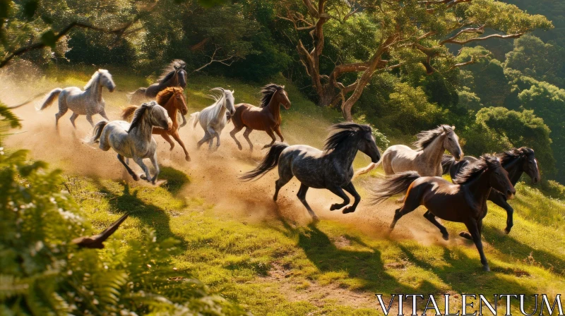 Running Horses in a Forest: Captivating Nature Scene AI Image