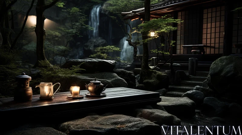 Serene and Peaceful Waterfall in Japanese-inspired Imagery AI Image