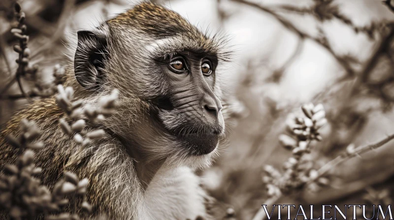 Thoughtful Vervet Monkey on Tree Branch AI Image