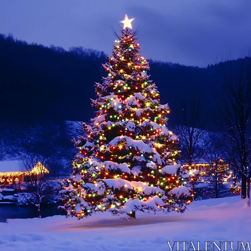 Festive Christmas Tree Adorned with Lights and Snow AI Image