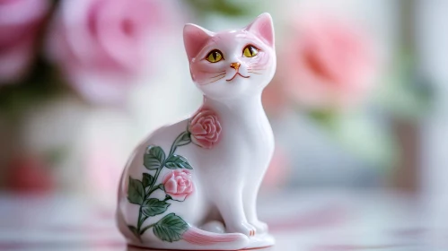 Delicate Porcelain Cat with Floral Adornments