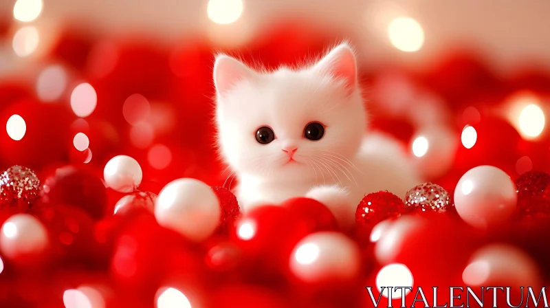 Cute White Kitten with Festive Decorations AI Image