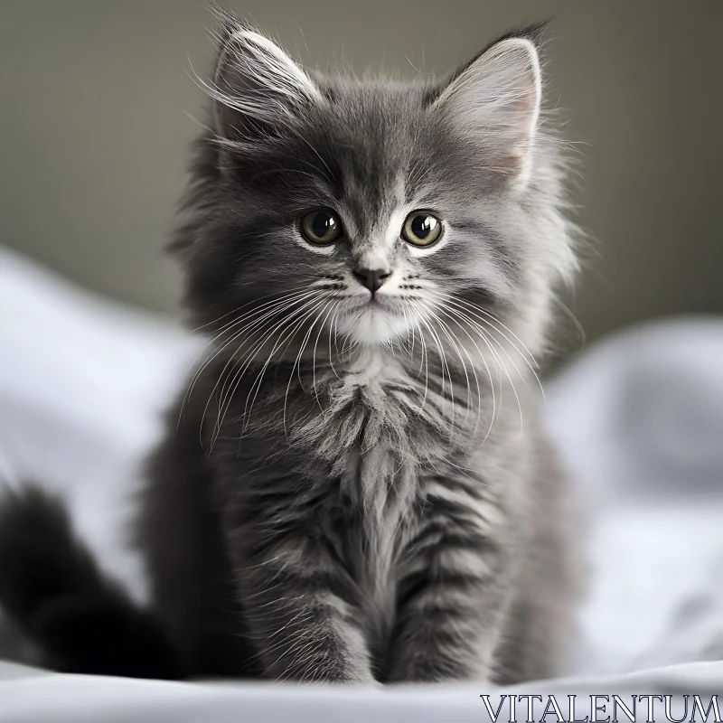 Cute Fluffy Gray Kitten Sitting on White Blanket AI Image