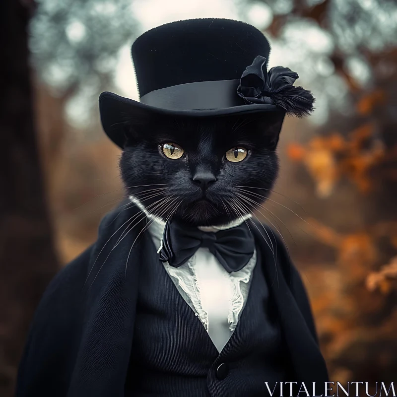 Elegant Black Cat with Top Hat and Bowtie AI Image