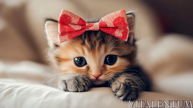 Charming Fluffy Kitten with Red Bow Resting AI Image