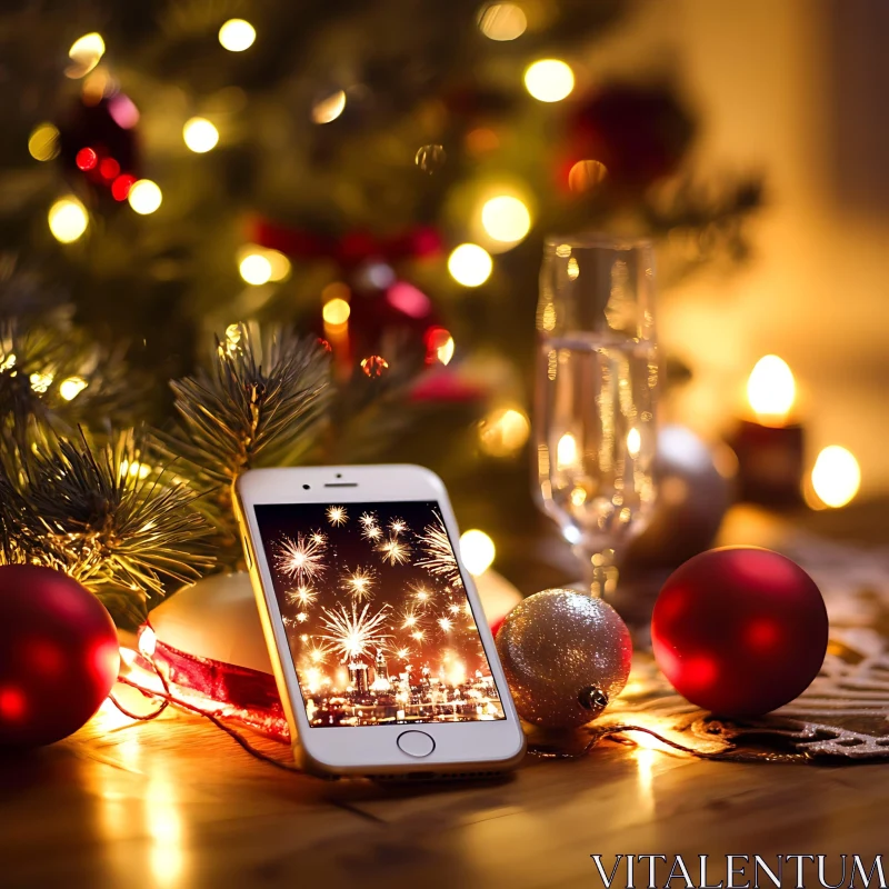 Christmas Fireworks on Smartphone with Holiday Decor AI Image