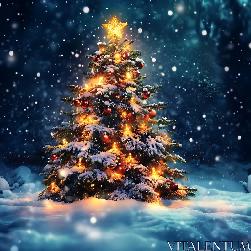 Festive Christmas Tree with Lights and Snow AI Image