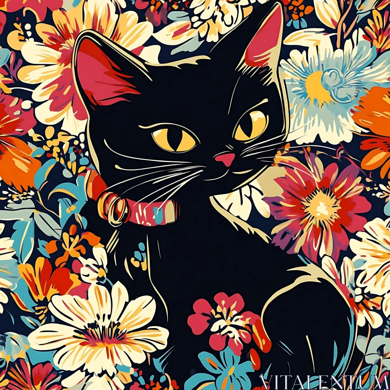 AI ART Artistic Black Cat with Colorful Flowers