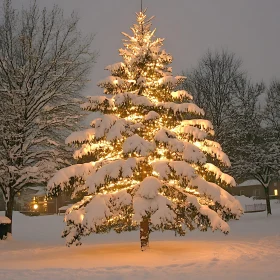 Snow-Covered Christmas Tree with Holiday Lights