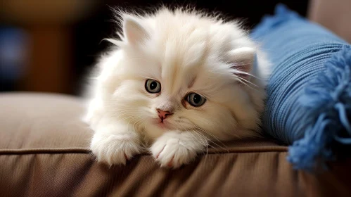 Adorable White Fluffy Kitten on Brown Sofa
