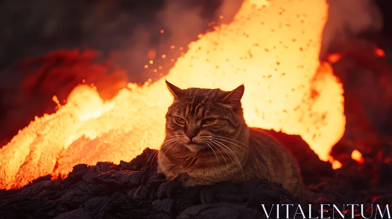 Serene Cat Against a Lava Background AI Image