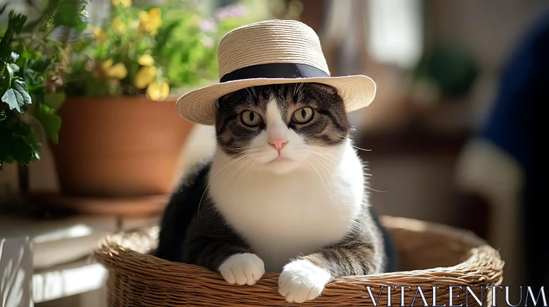 AI ART Cute Cat Wearing a Hat in Basket with Plants