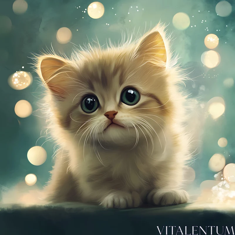 Charming Kitten Illustration with Dreamy Bokeh Lights AI Image