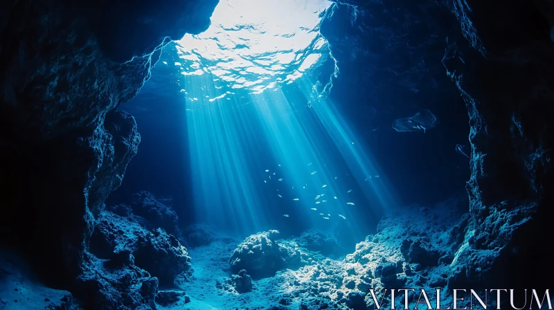 Underwater Cave with Light Beams AI Image