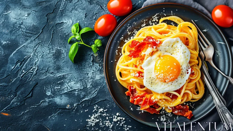 Delicious Pasta Carbonara with Fried Egg - A Perfect Combination of Flavors AI Image