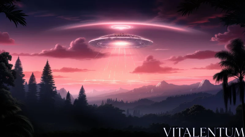 AI ART Enigmatic Forest Landscape with UFO and Mountains