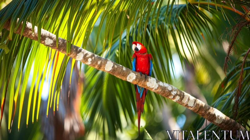 Exquisite Red Parrot on Palm Tree Branch AI Image