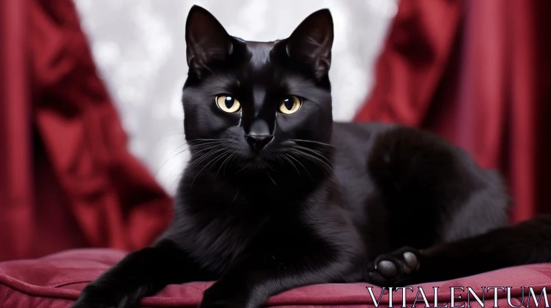 Intense Gaze of Black Cat on Red Cloth AI Image