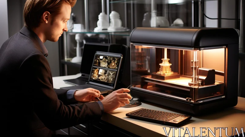 Man Operating 3D Printer with Computer Monitors AI Image