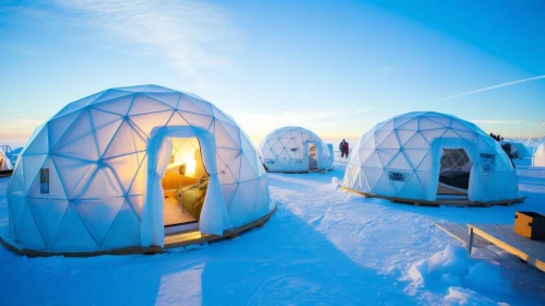 Snowy Mountain Geodesic Domes at Sunset
