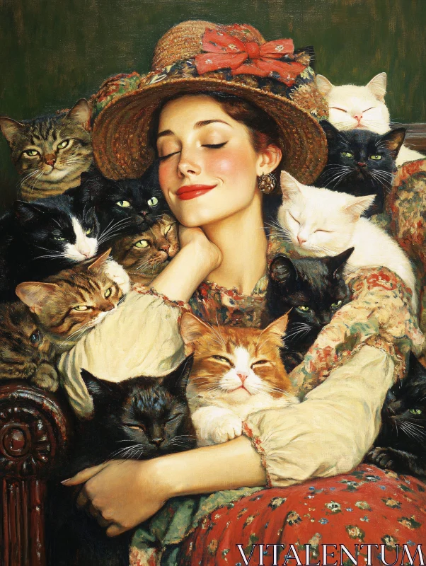 Woman in Straw Hat Among Cats AI Image