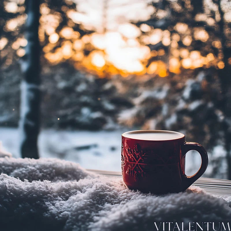 Serene Winter Scene with a Mug of Coffee AI Image