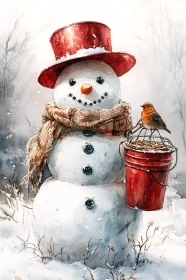 Heartwarming Winter Snowman with Bird