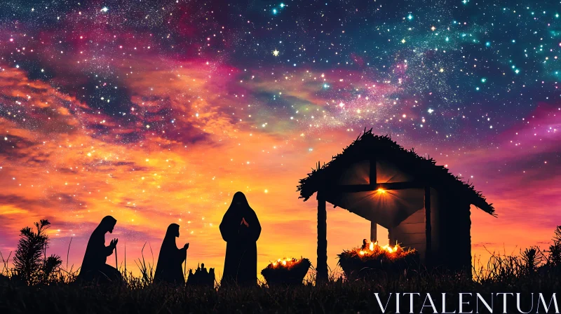 Silhouette Nativity Scene with a Stunning Sky AI Image