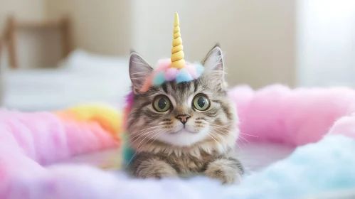 Whimsical Fantasy Cat with Unicorn Horn