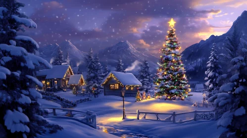 Snowy Mountain Village at Night with Holiday Lights