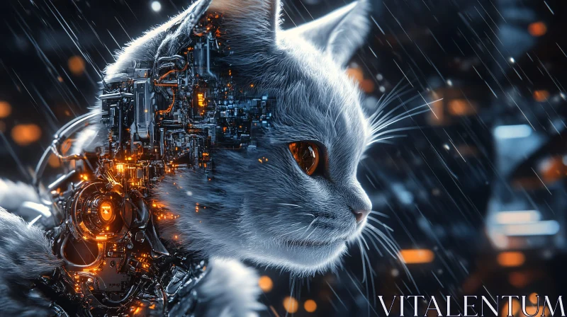 AI ART Cybernetic Cat Fusion in Rain