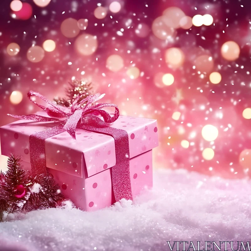 Elegant Christmas Present with Sparkling Pink Bow AI Image