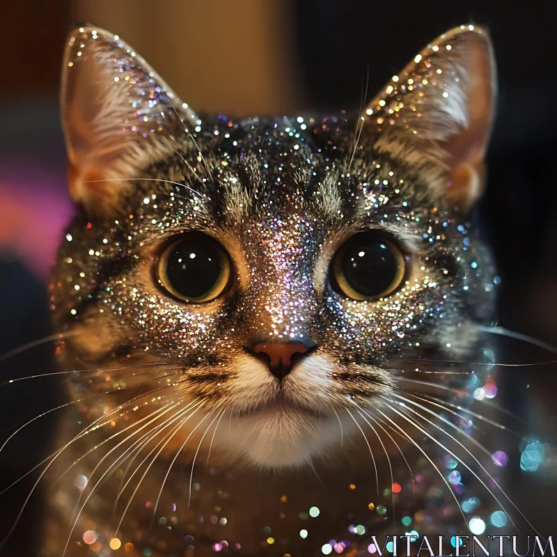 Glitter-Adorned Cat with Whiskers and Wide Eyes AI Image