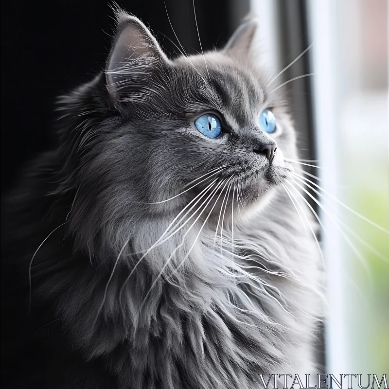 AI ART Grey Cat with Blue Eyes Gazing Out Window