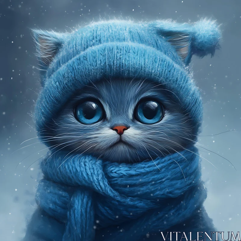 Cute Kitten in Cozy Blue Hat and Scarf AI Image