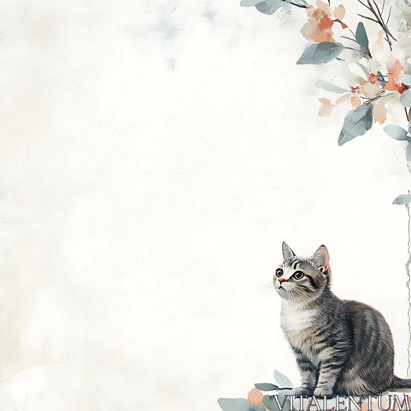 Gray Tabby Cat with Artistic Floral Design AI Image