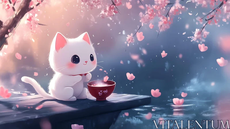 AI ART Cute White Cat with Pink Petals by Water