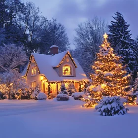 Festive Christmas Lights on a Snowy Cottage