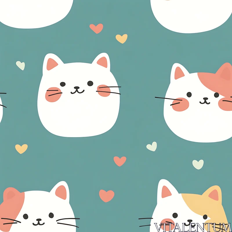 AI ART Whimsical Cat Faces and Hearts Pattern