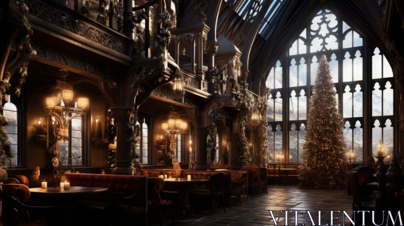 A Fancy Gothic Christmas Tree in a Pub | Vray Tracing | Detailed Architectures AI Image