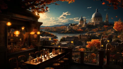 Autumn Cityscape at a Charming Restaurant | Dreamlike Artwork