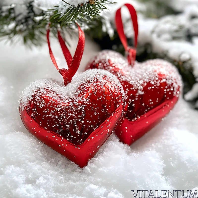 Snow-Covered Red Heart Christmas Decorations AI Image