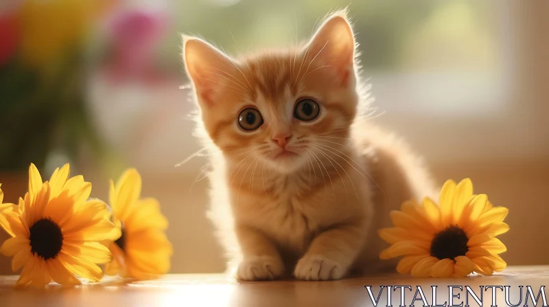 Cute Orange Kitten Surrounded by Flowers AI Image