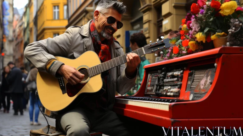 Captivating Street Decor: Man Playing Guitar in Prague AI Image